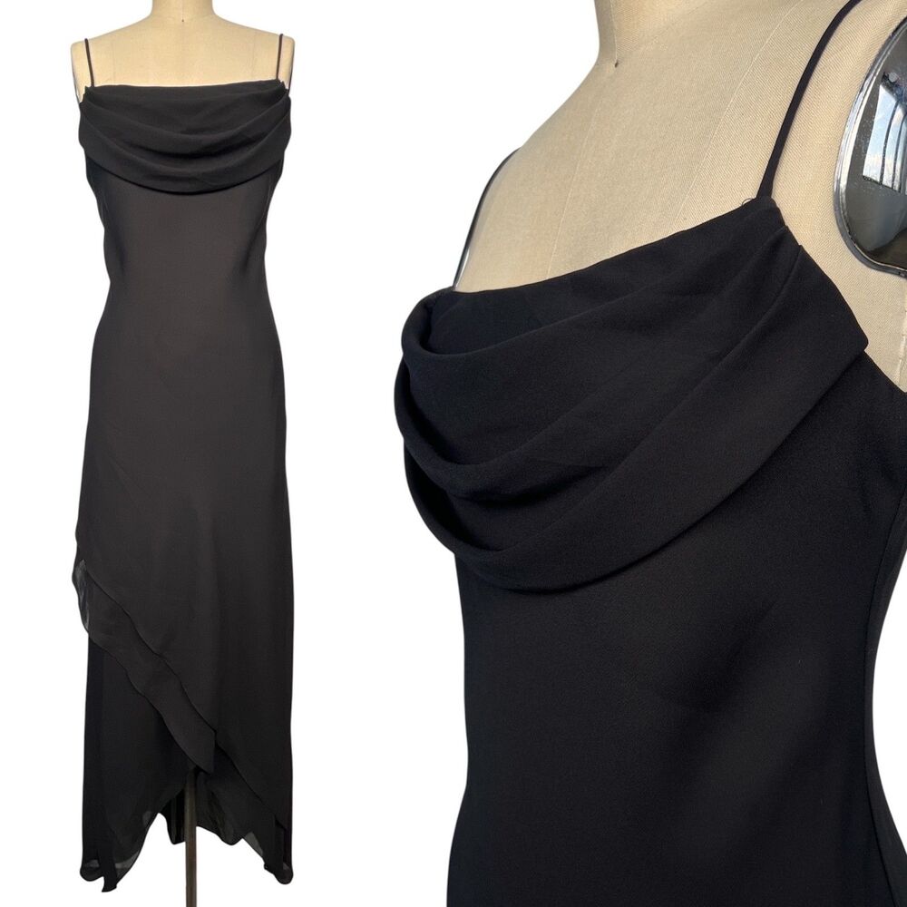 Y2K Black Cowl Nk Asymmetric Hem High Low Ruffle Dress Fairycore Whimsigoth 6 S